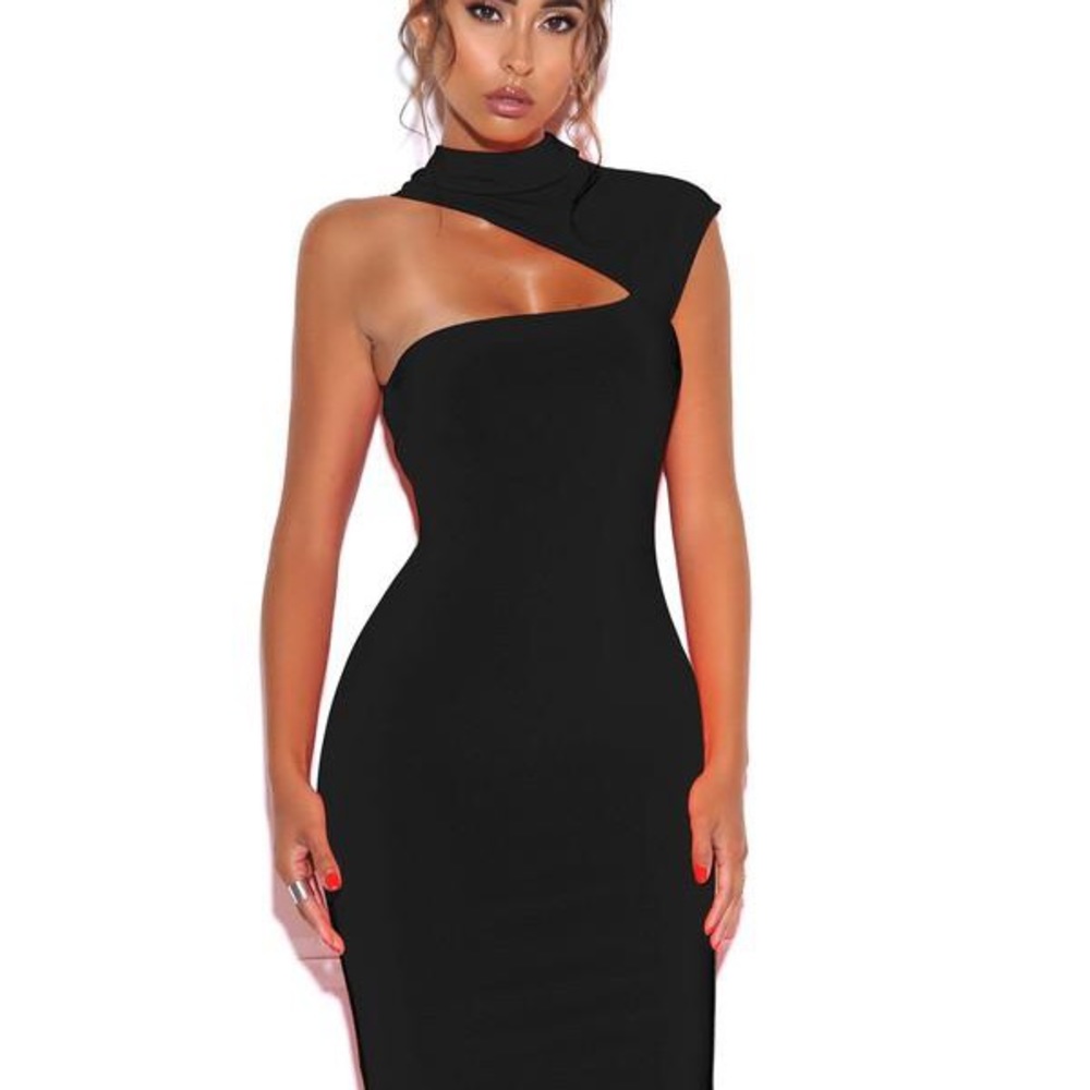 Only One Black Asymmetric Neck Cutout Dress